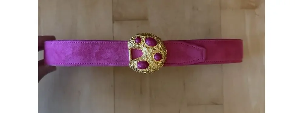 VTG carlisle suede leather belt Pink Gold Gem Buckle Small Funky Retro Art